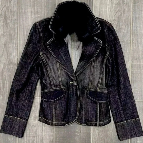 BEBE Dark Denim gray Jean Rabbit Fur Collar Suit Coat Blazer Holiday Jacket S - Picture 2 of 10